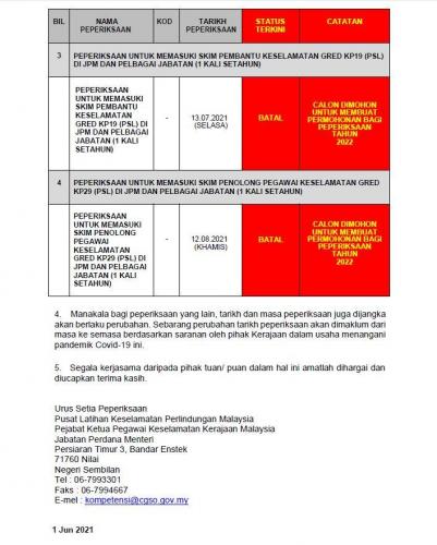 Pemakluman Penangguhan Dan Pembatalan Beberapa Peperiksaan Perkhidmatan Skim Keselamatan Dan Pertahanan Awam Yang Telah Dijadualkan Pada Tahun 2021